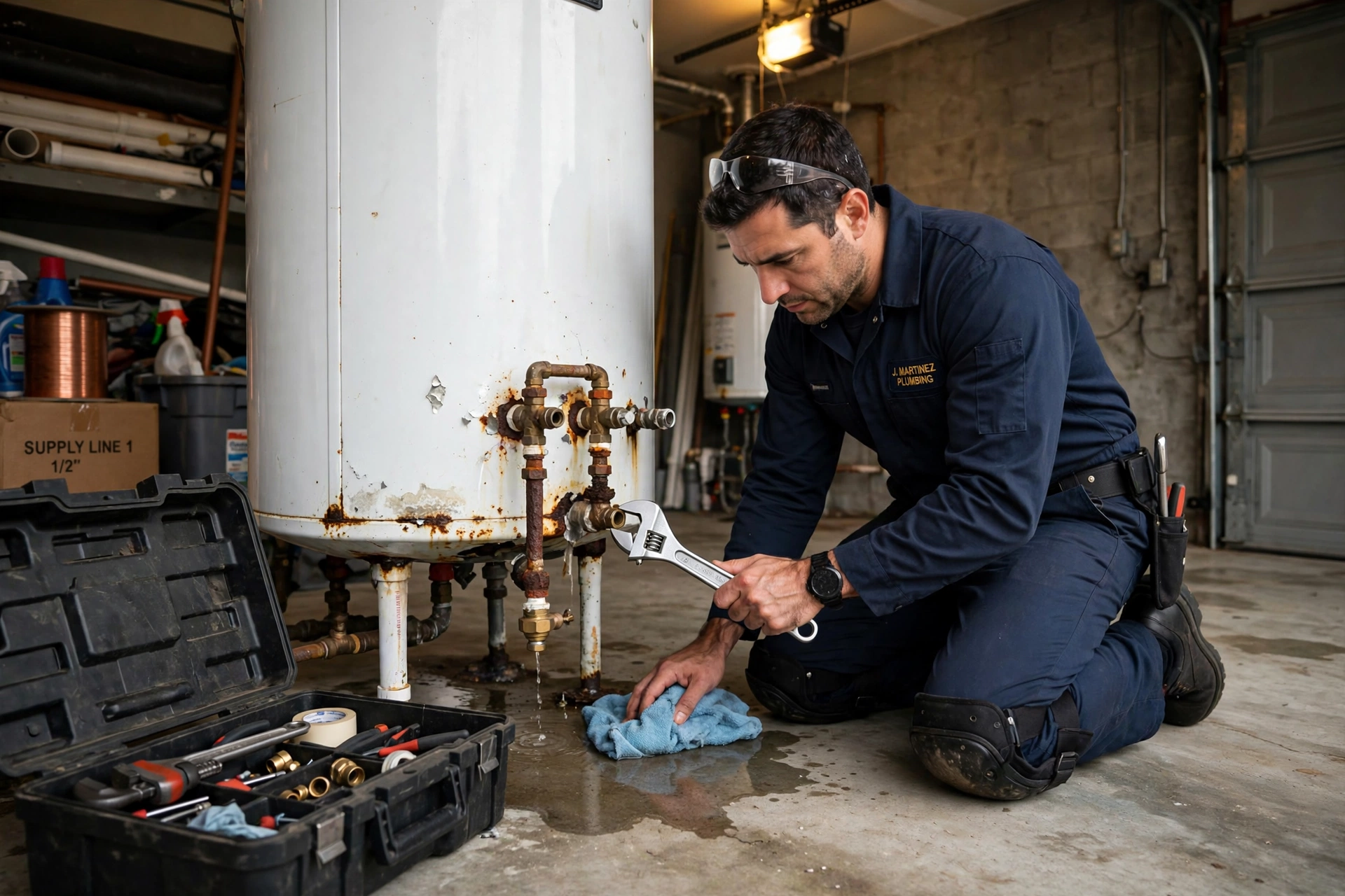 Technician repairing a corroded leaking water heater